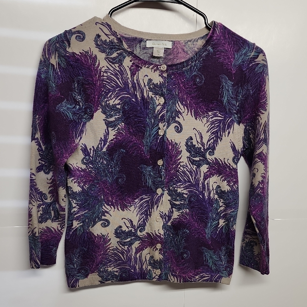Garnet Hill Soft Purple &Cream Button-down Shirt/Sweater 100% Merino Wool Sz S
